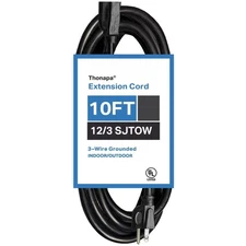 10 Ft Outdoor Extension Cord - 12/3 SJTW Heavy Duty Black Cable - 3 Prong Plug
