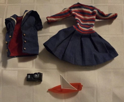 Vintage Barbie Skipper #1918 Ship Ahoy Outfit Dress, Vest,  Camera, Toy Boat
