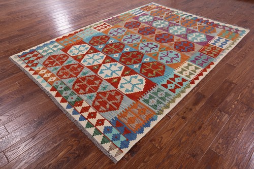 Alfombra Kilim reversible de lana sobre lana tejido plano 6' 10" X 9' 9" - Q12546 - Imagen 5 de 10