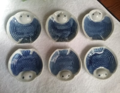  OYSTER SHOOTERS  Sushi/Sauce Dipping Dishes 6 pieces Unique.Owls/birds