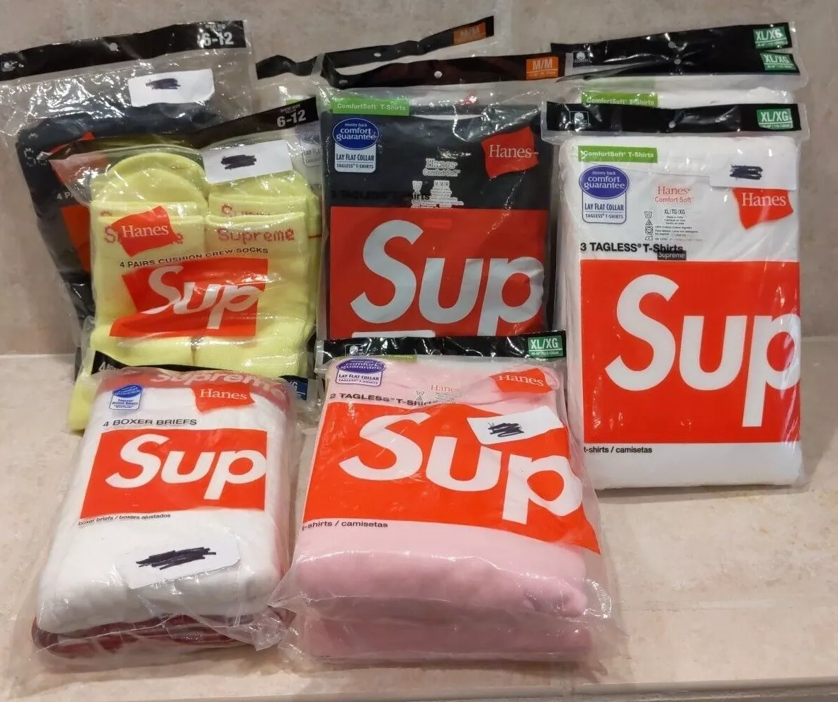 NEUF Supreme x Hanes T shirts sans tag chaussettes boxer slips blanc noir rose jaune