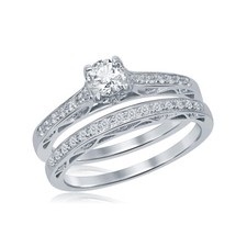 1Ct Round Cut Cubic Zirconia Wedding Engagement Ring  Band Set in 925 Silver