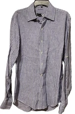 Saks Fifth Avenue Blue And White Striped Linen Long Sleeve Button Shirt Medium
