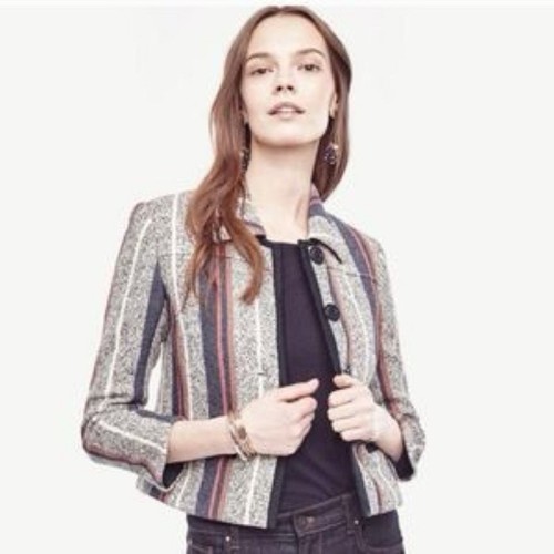 Ann Taylor Women's Blue Racer Stripe Tweed Jacket Button Down Lined Size 6 - Picture 2 of 10