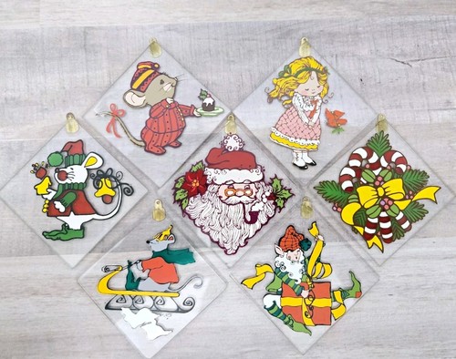 Vintage Boże Narodzenie Święty Mikołaj Elf Mysz 2" Trójkąt Szklane ozdoby 7 sztuk - Zdjęcie 1 z 14