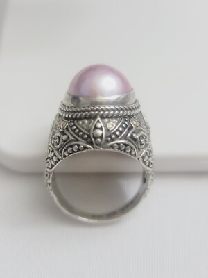 Sarda Bali Kunsthandwerk 18K Gold Akzent Sterlingsilber rosa Mabe Perle Ring Größe 9