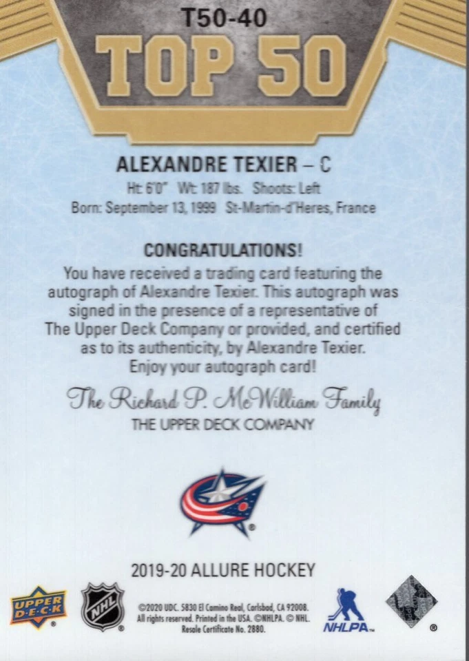 2019-20 Upper Deck Allure Top 50 Autographs Blue #T5040 Alexandre Texier D Auto - Image 2 of 2