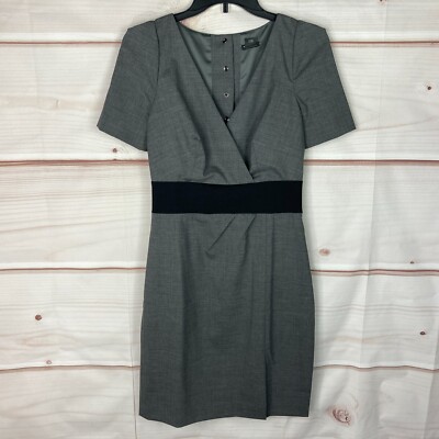 Club Monaco Dress Womens 0 Gray Wool Stretch Sheath V-Neck Short Sleeve Snaps