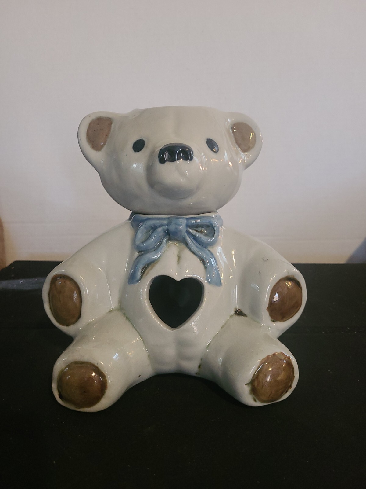 Vintage Hand-Painted  Ceramic Teddy Bear Candle Holder Tealight Signed 8