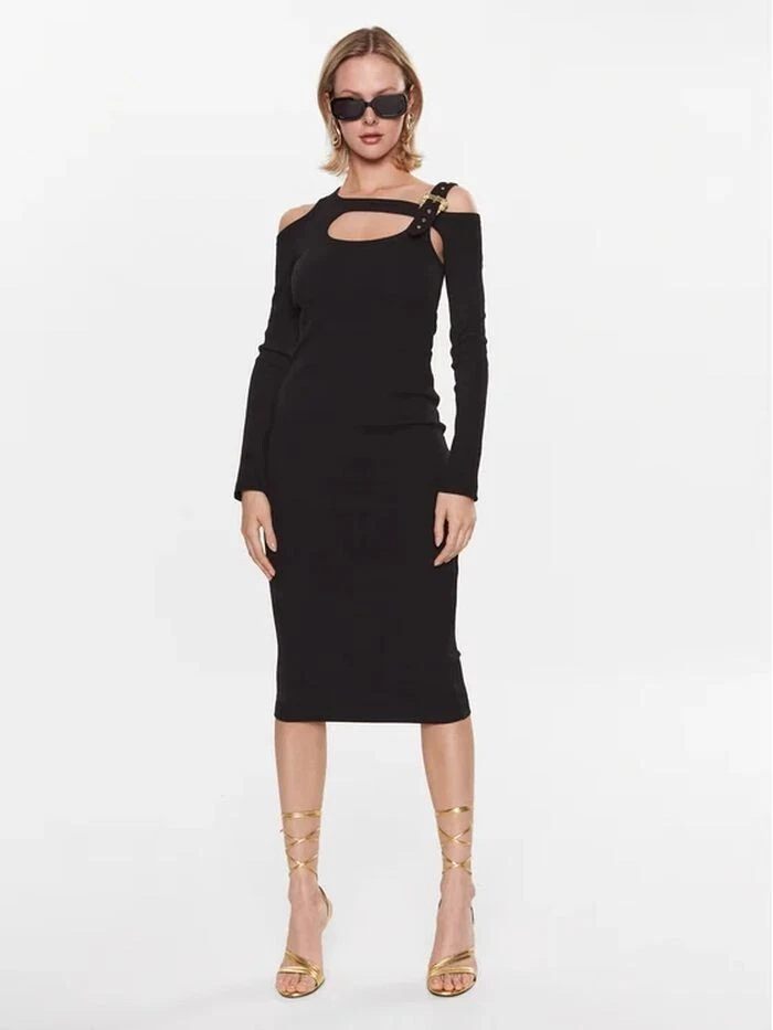 Abito a tubino Versace Jeans Cotour nero ritagliato a costine 38IT 2US nuovo con etichetta