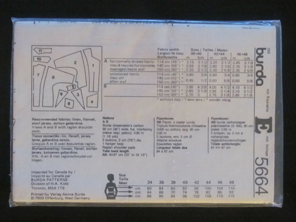 BURDA PATTERN - 5664 LADIES JACKET DBL BREASTED KIMONO INSETS 12-40 PLUS UNCUT - Image 2 of 2