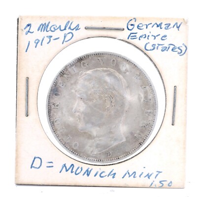 1913-E German States Barvaria Silver 3 Mark Coin 3M Otto Keonig Von Bayern