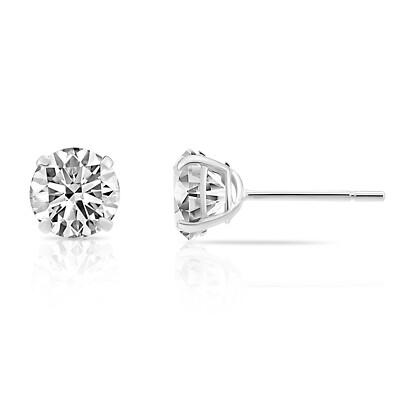 14K White Gold Round Solitaire Cubic Zirconia CZ Stud Push Back Earrings - 2ct (8mm