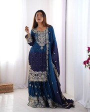 Designer Chinon Silk Sharara Suit with Dupatta   Premium Embroidered Look