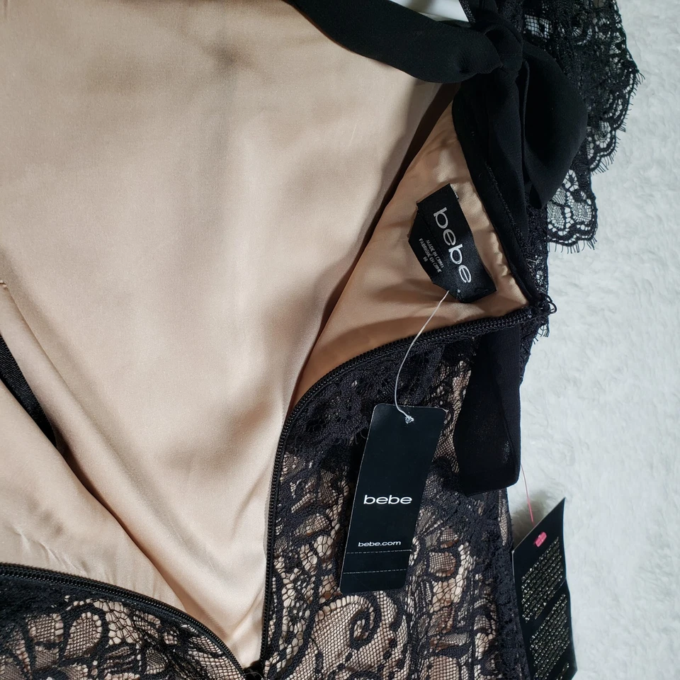 New BEBE Dress Size 00 Kendall, Off Shoulder, Tie Neck, Lace Black Gold NWT - image 3 of 4