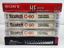 Lot of 5 - 60 Minute Blank Audio Cassettes Tapes - Sony/Scotch/Walmart - New