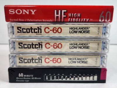Lot of 5 - 60 Minute Blank Audio Cassettes Tapes - Sony/Scotch/Walmart - New