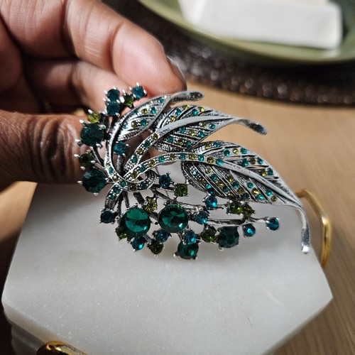 Rhinestone Brooch Pin, Green & Teal Jewel, Leaf Floral, Elegant Jewelry