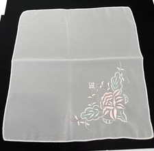 Ladies Handkerchief White Embroidered Pastel Flowers Hankie Floral Polyester
