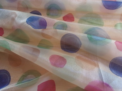 Big Colorful Dots Print on Beige Metallic/Shiny Sheer Fabric- 60" W -by the Yard - Picture 4 of 6