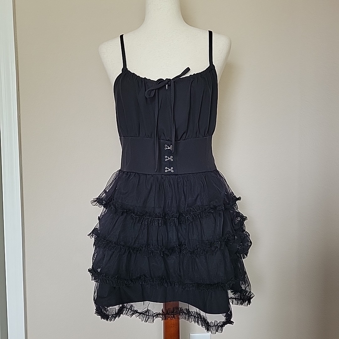 hot topic corset dress Hot Topic Dress Size L Black Corset Tiered Tulle Ruffle Cami Goth Witchy  NWT