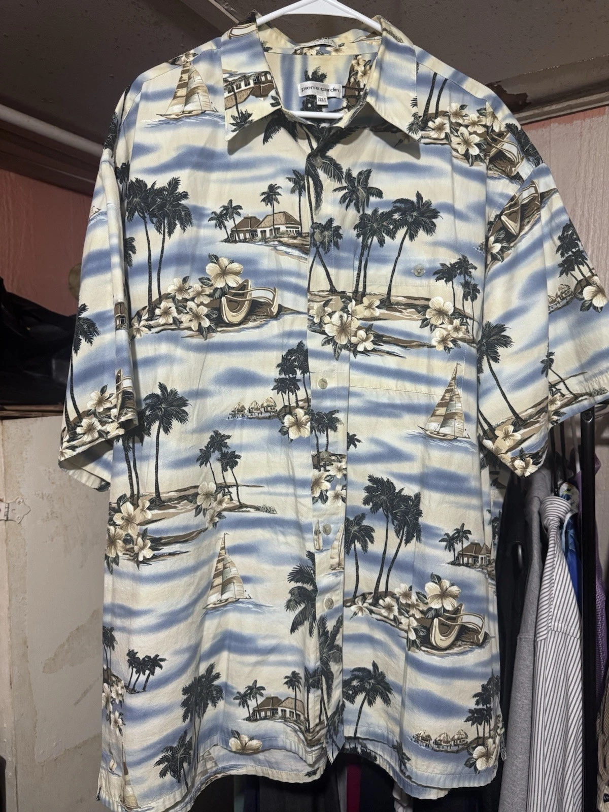 Pierre Cardin Hawaiian Shirt Mens 2XLT Blue Tropical Island Button Up