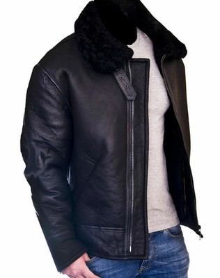 Men's RAF B3 Bomber Flight Aviator Fur Wool Shearling Black Leather Jacket Coat