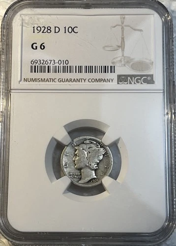 1928 - D Silver Mercury Dime 10 Cents NGC Certified Good G6 Better Date