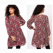 LOFT Shimmer Paisley Flounce Long Sleeve Dress Size Small S Crimson Spark