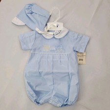 Alexis Bubble Romper NEW Vtg Embroidered Train Matching Hat Size 6 Mon Boys Blue