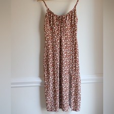 Hollister Floral A-Line Midi Dress Brown White Scoop Neck Tie XS Cottagecore