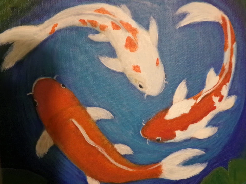 Pintura original de estanque de peces Koi por Chris Miller 9x12 arte de pared decoración firmada Foto 4 de 4