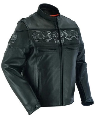 Men Motorcycle Cafe Racer Leather Jacket Reflective Skull Design Leather Jacket