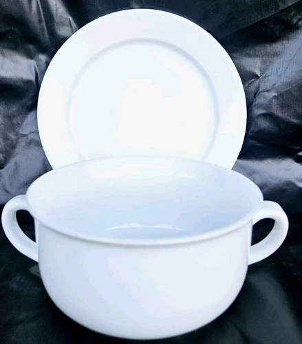 Williams Sonoma Essential White Set of Dbl Handle Soup Mug ~Bowl & Saucer~ Plate