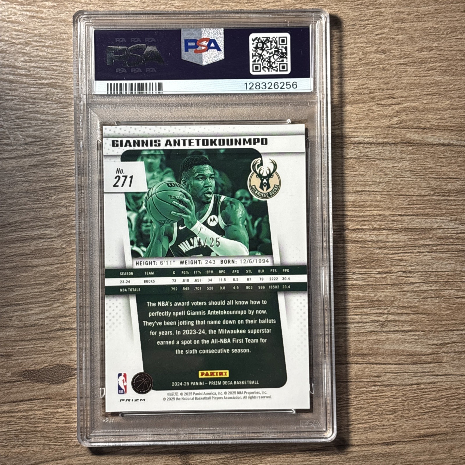 2024-25 Panini Prizm Deca -  Giannis Antetokounmpo #271 Mojo Prizm /25 PSA 10 view 2
