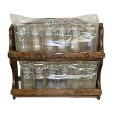 VTG New Wooden Spice Rack 12 Glass Bottles w/Labels Cottage Kitchen Granny