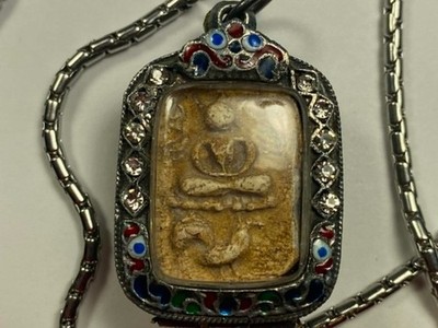 Buddha Amulet in Jeweled and enamel Case and 28'' Necklace
