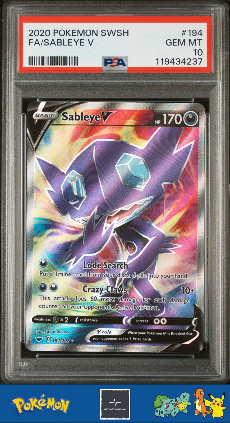 2020 Pokemon SWSH Sword & Shield Base Set 194/202 Sableye V PSA 10