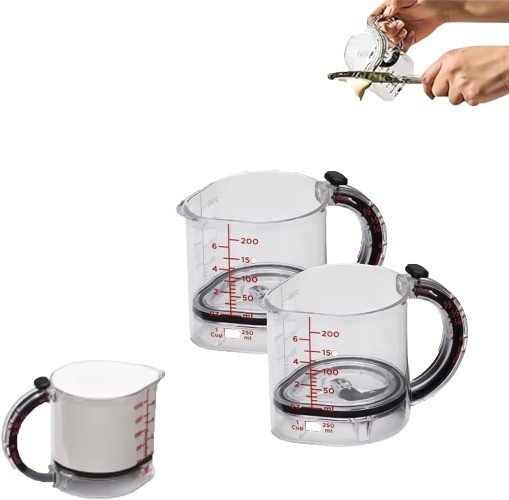 Multi-functional adjustable measuring cup with scraper lid and lift-up base