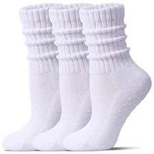 Pilates Socks for Women Mid Calf Slouch Yoga Socks with Non Slip Grippers for...