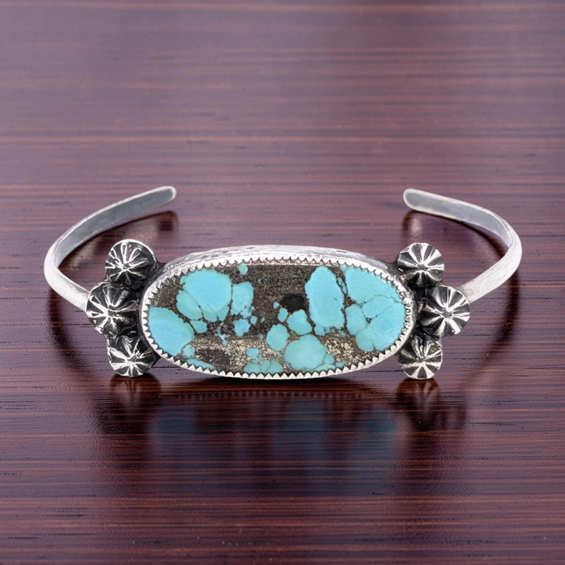 NATIVE AMERICAN STERLING SILVER HANDMADE BLUE TURQUOISE 7" CUFF BRACELET #7972
