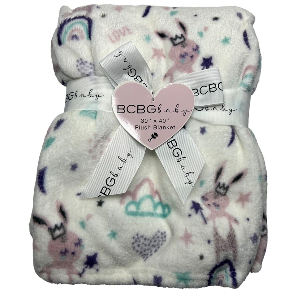 NUEVO BCBG Manta Bebé Arco Iris Corazón Luna Estrellas Nubes Peluche Conejo Pascua Foto 4 de 4