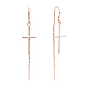 Authentic Slim Cross Ear Thread Slide 14K Rose Gold Plated Sterling Silver Dangle Earrings