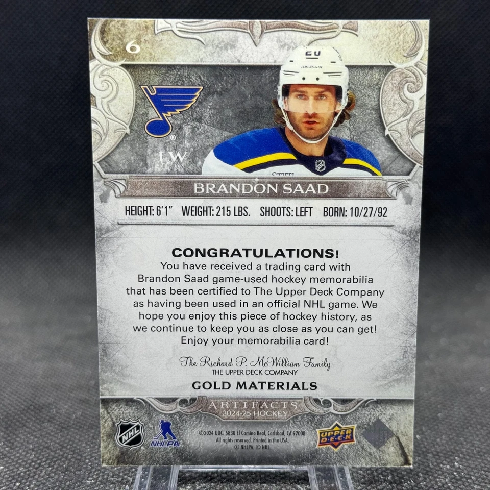 Brandon Saad 2024-25 Upper Deck Artifacts Gold Materials /299 St. Louis Blues #6 - Image 2 of 2