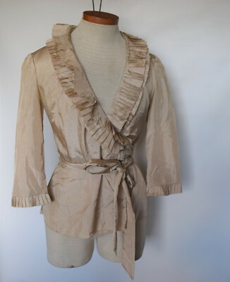 Odds  n Evens Wrap Blouse Size Small Beige Silky Ruffle 3/4 Sleeve