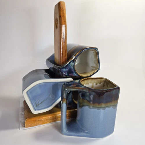 Rudolfo Padilla Blue & Tan Coffee Mugs Set of 4 Drip Glaze Pottery W/ Stand