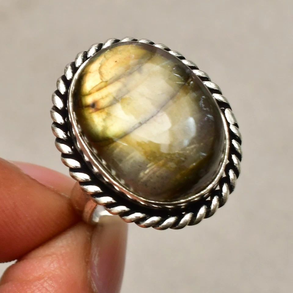 Anello gioiello in argento sterling 925 con pietra preziosa labradorite misur... - Immagine 3 di 4