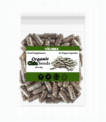 Organic Chia Seeds Vegan Capsules, Pure & Strong 500mg, No-GMO, Uk, From Vitabix