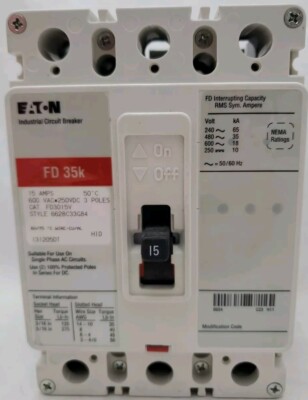 Eaton FD3015V FD 35k Molded Case Breakers FD 3P 15A 600V 50/60Hz 3Ph F Frame