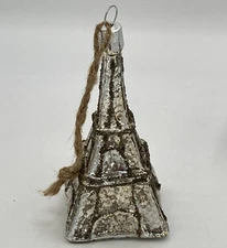 Pottery Barn Glass Eiffel Tower Christmas Ornament Silver Color With Glitter